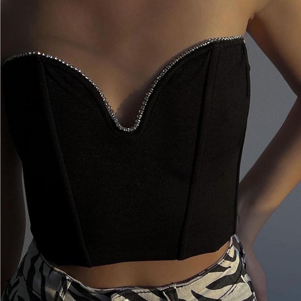Black Strapless Bustier Top with Rhinestone Trim